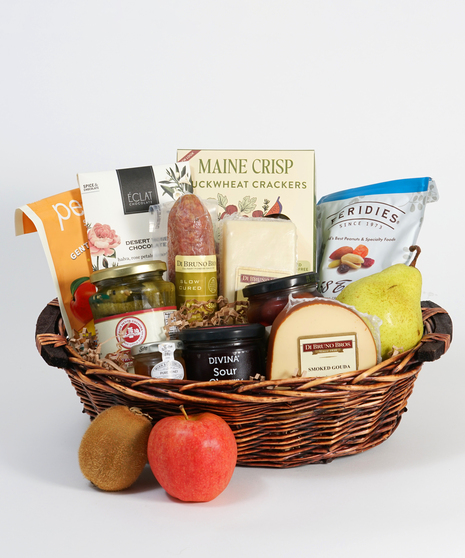 gourmet basket filled with gluten free cheeses, crackers, spreads and snacks.
