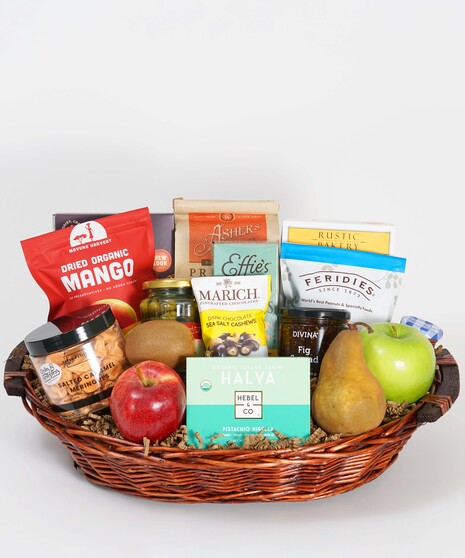 gourmet gift basket with certified kosher sweets, treats, and gourmet items
