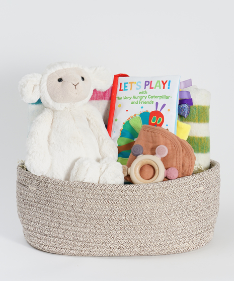 new baby gift basket featuring stuffed animal, blanket, and baby books.