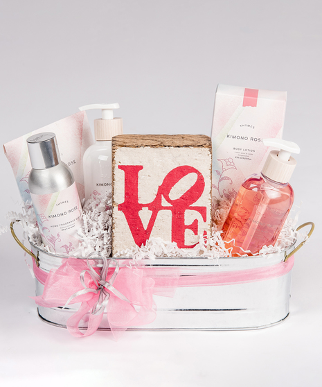 kimono rose scented spa basket with love block gift