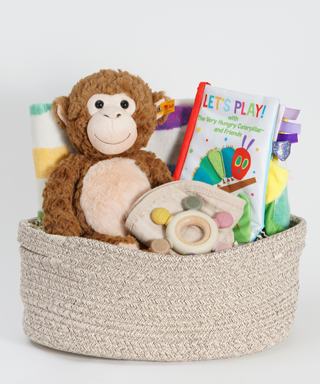 new baby gift basket featuring monkey stuffed animal, blanket, and baby books.