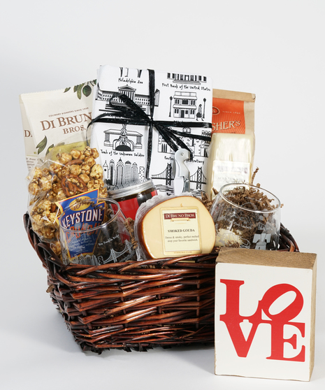 gift basket filled with Philadelphia merchandise and local Philadelphia gourmet foods