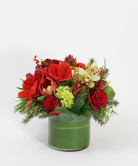 red amaryllis, roses and berries with winter greens in a glass cylinder vase