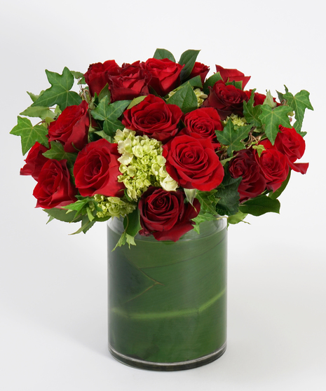 red roses accented with ivy and mini green hydrangea
