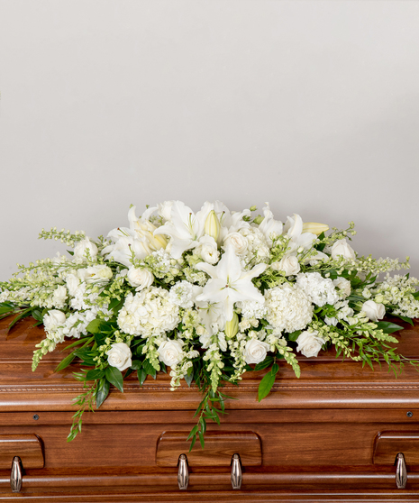 full funeral cakset spray in whites, creams and greens